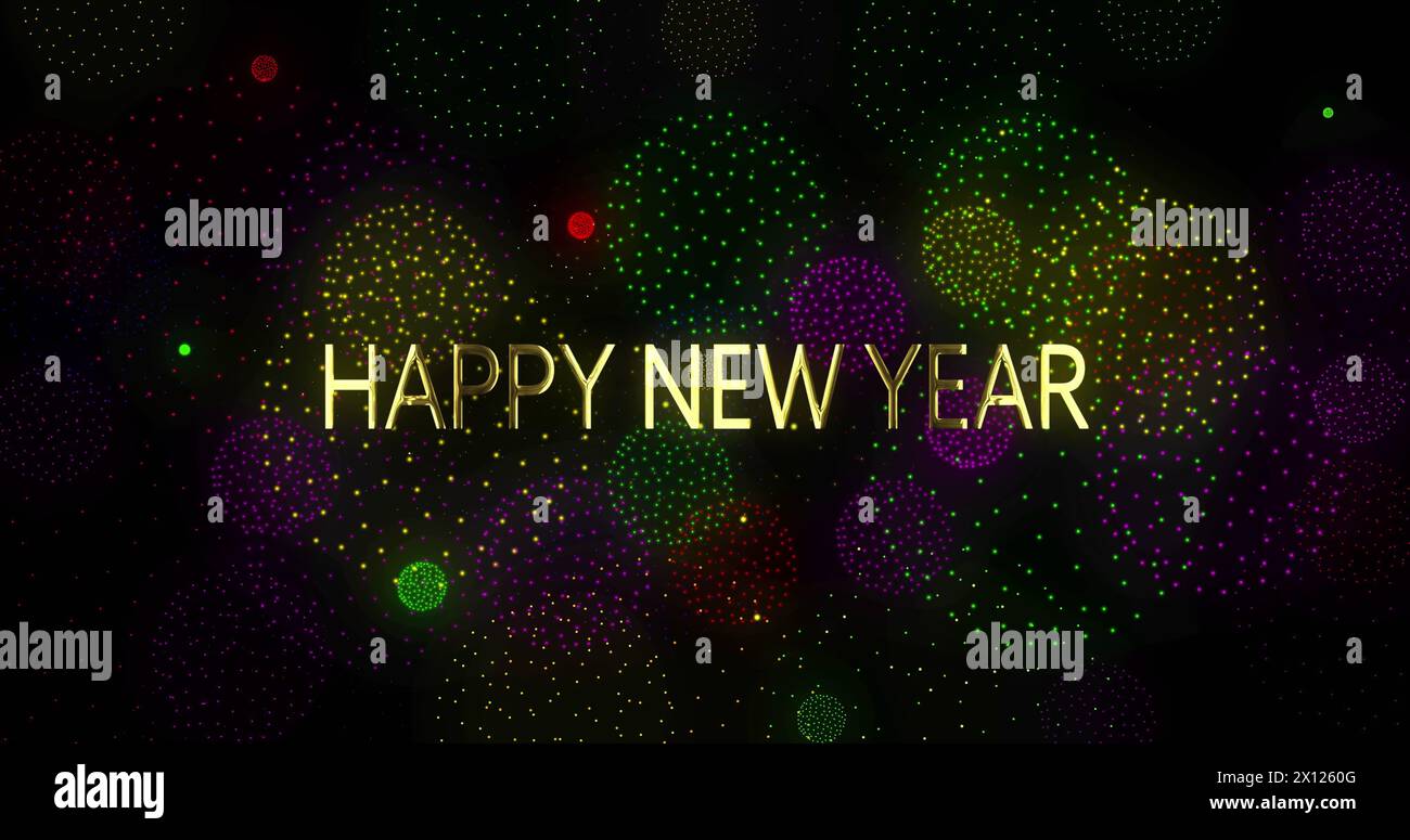 Image of happy new year text over fireworks on black background Stock ...