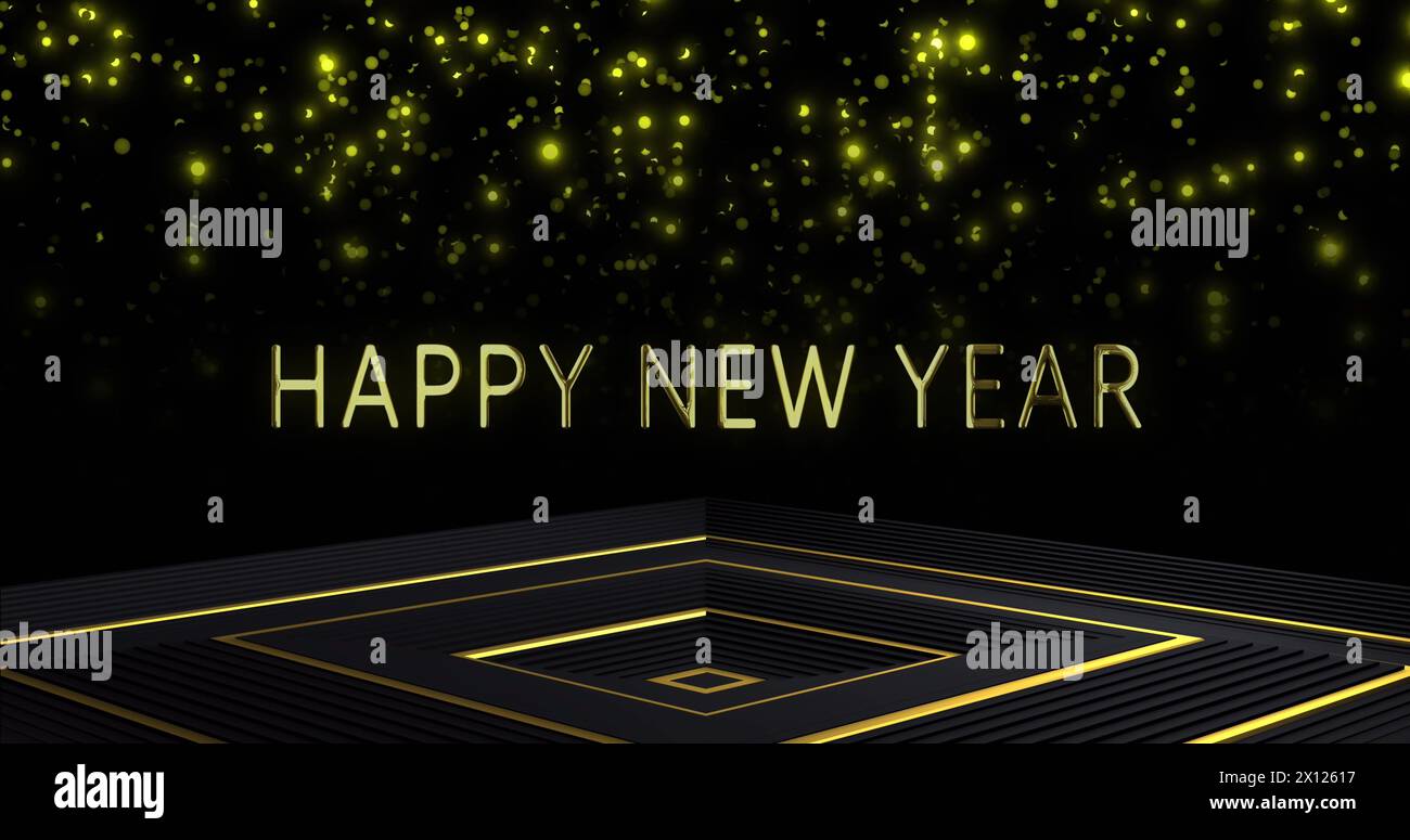 Image of happy new year text over glowing spots on black background ...