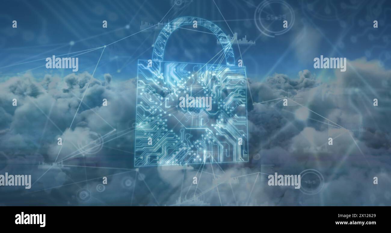 Digital composite of a circuit board with a lock and a sky filled with connected lines Stock Photo