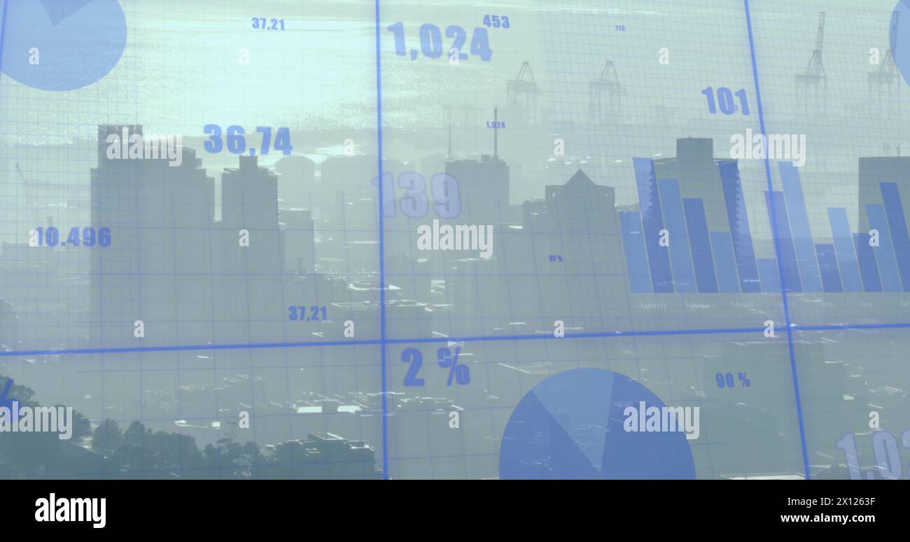 Image of statistics and financial data processing over cityscape Stock Photo
