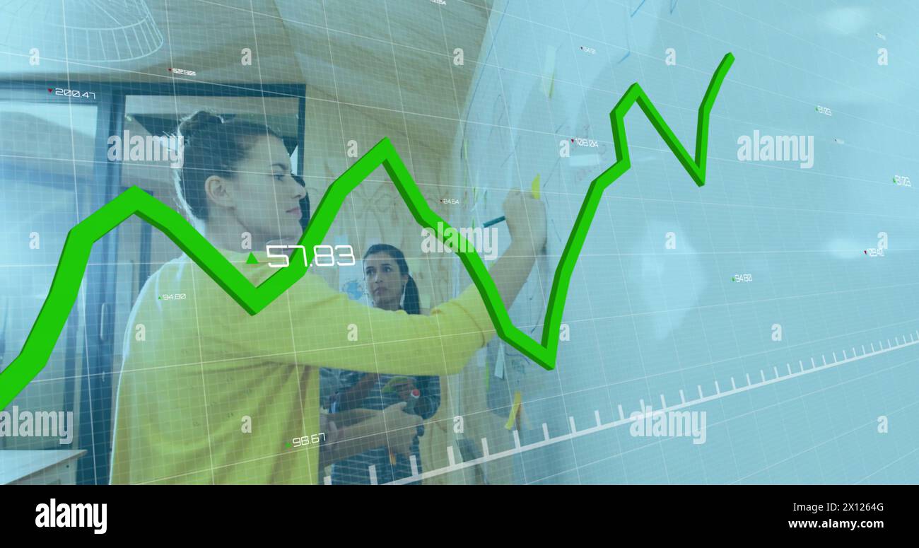 Image of multiple graphs and changing numbers, diverse coworkers ...