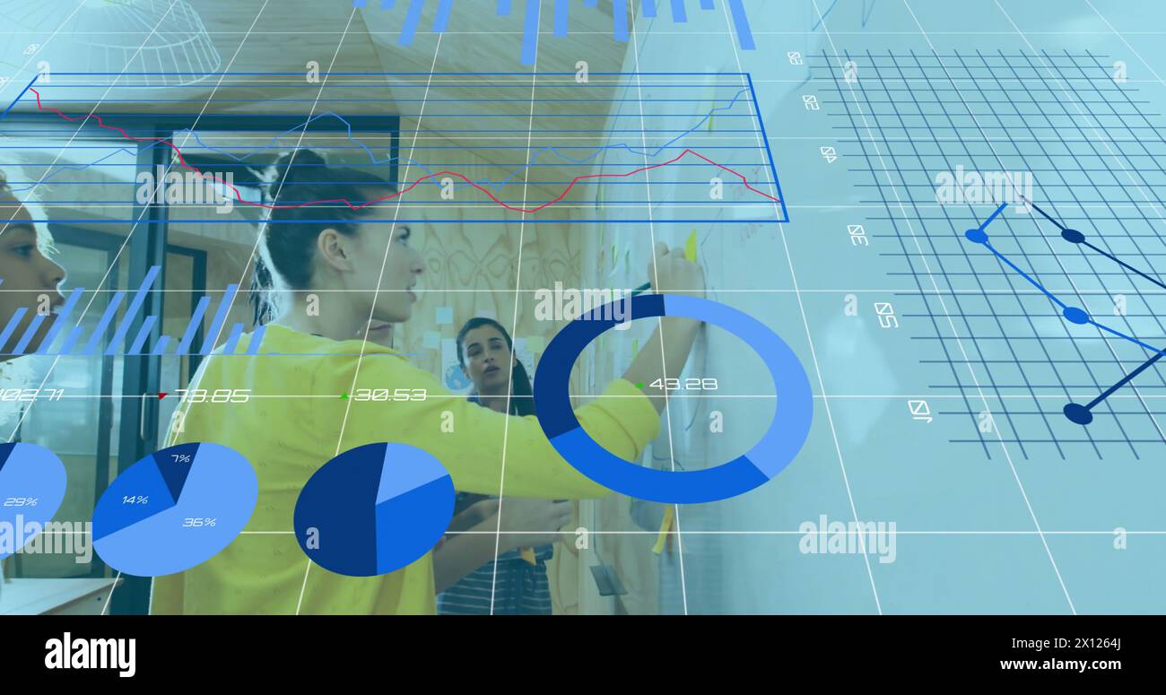 Image of graphs, loading bars and changing numbers over diverse coworkers discussing strategy Stock Photo