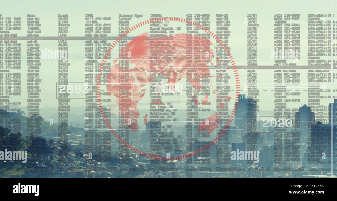 Image of globe and financial data processing over cityscape Stock Photo