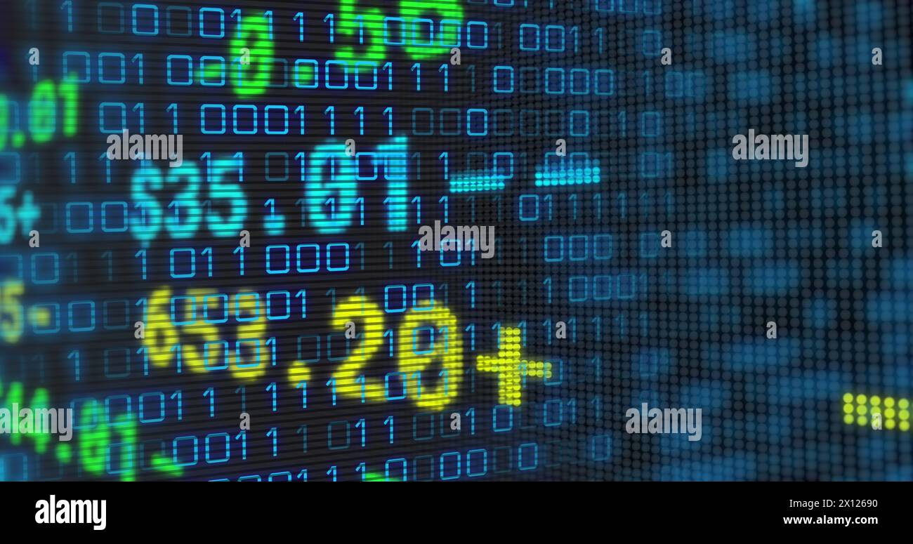 Image of financial data over binary code on black background Stock Photo
