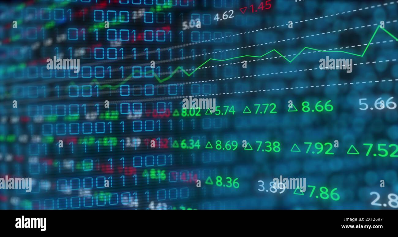 Image of financial data over binary code on black background Stock Photo
