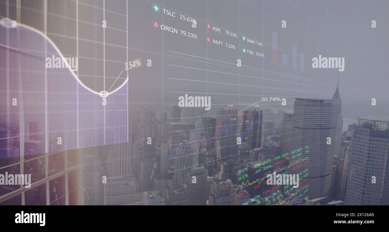 Image of data processing over cityscape Stock Photo