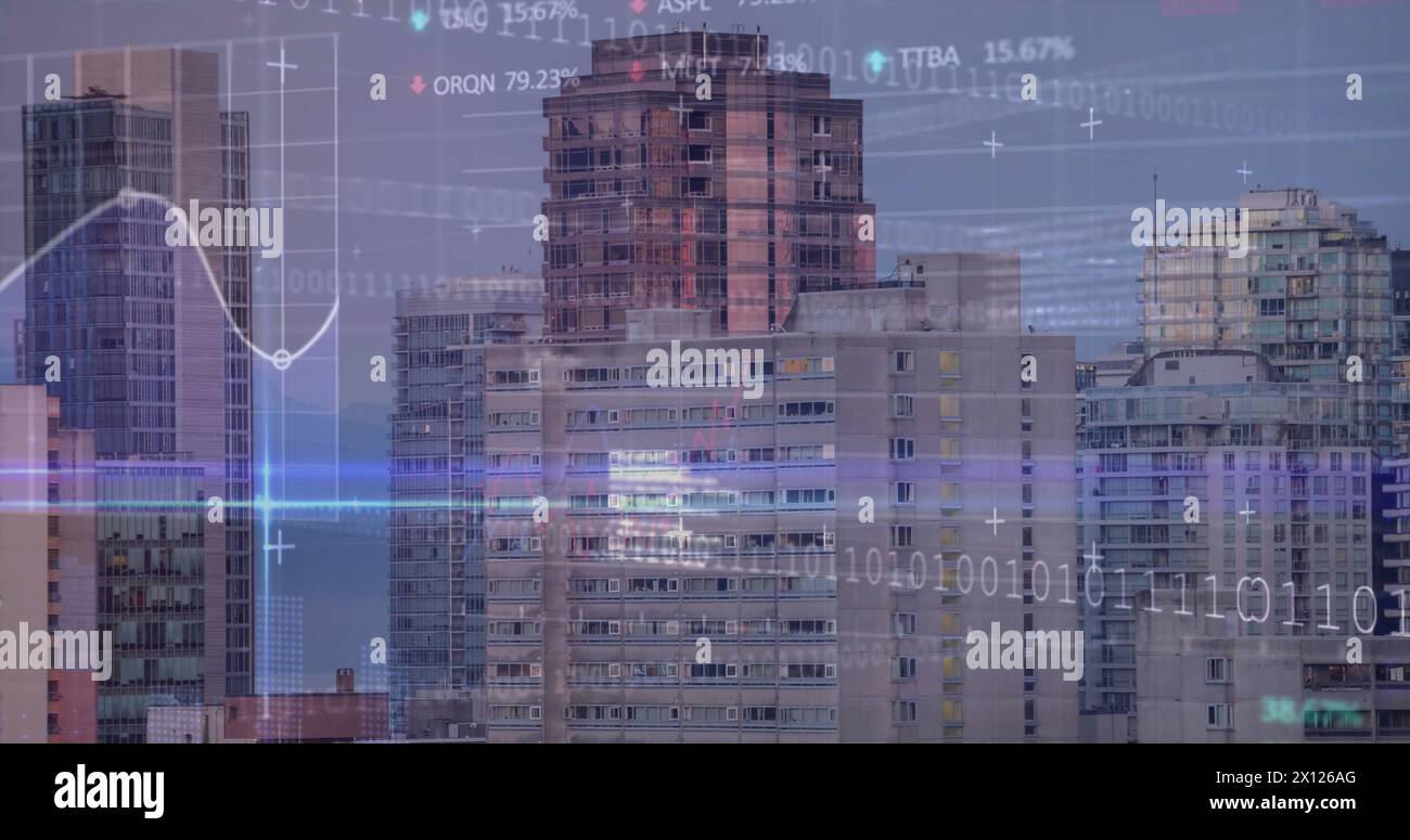 Image of data processing over cityscape Stock Photo