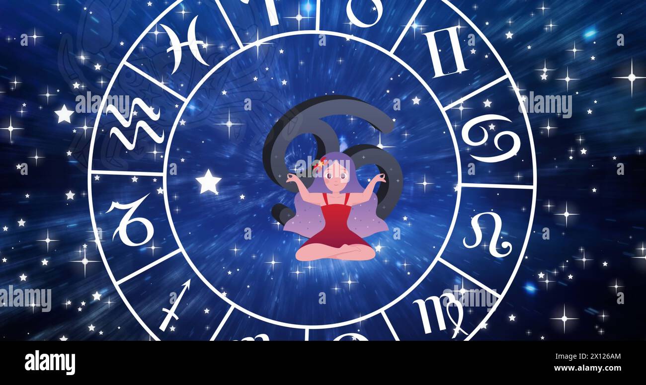 Image of horoscope symbols over stars on blue background Stock Photo