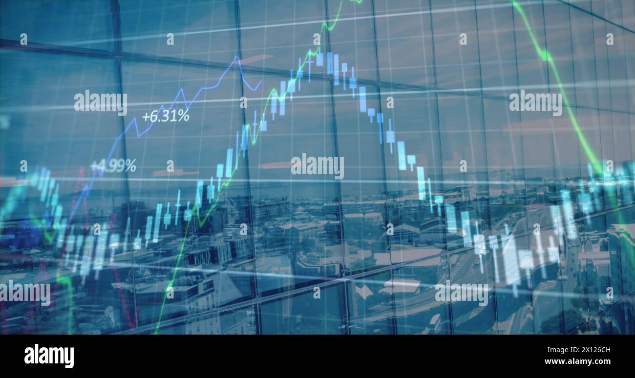 Image of data processing over cityscape Stock Photo