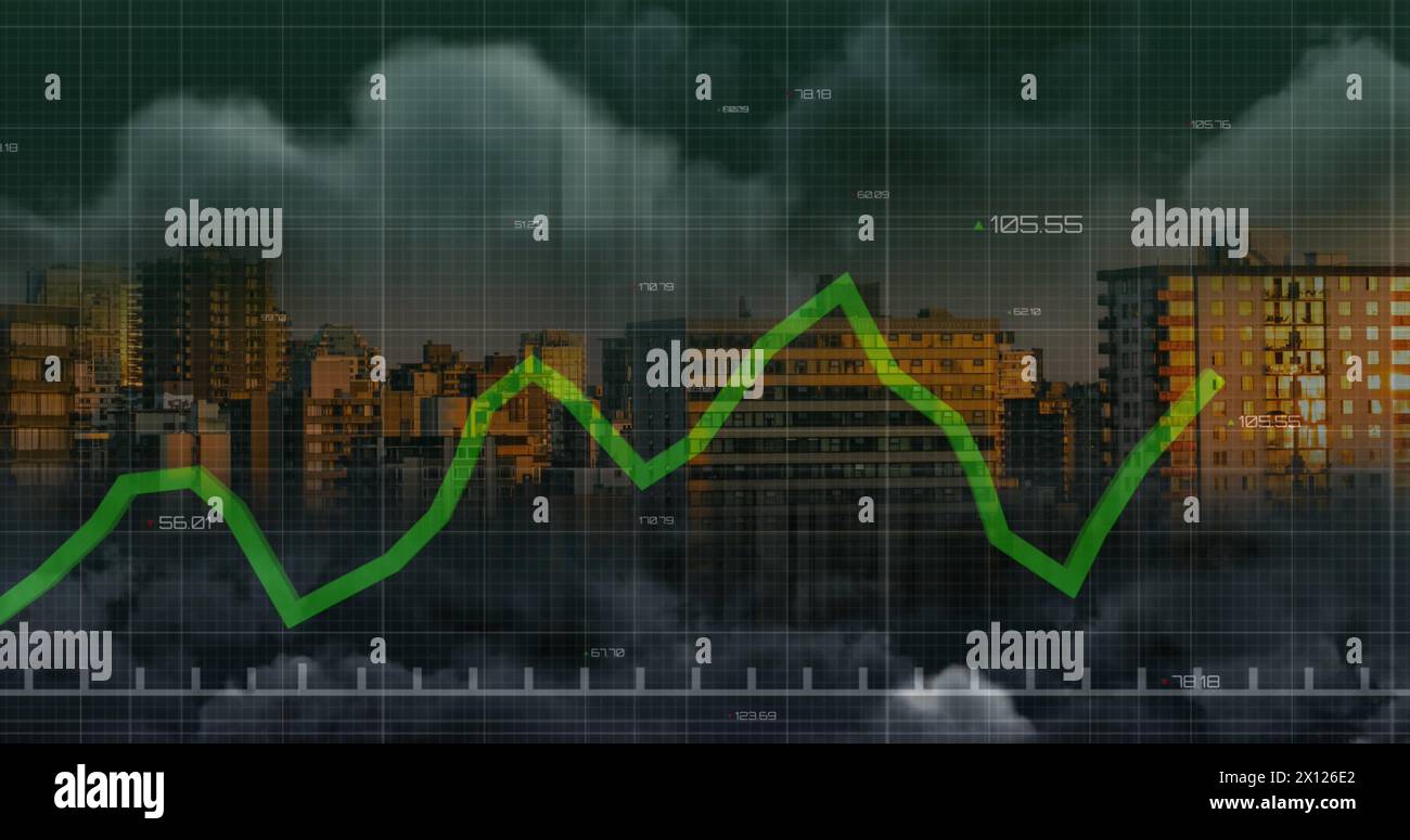 Image of data processing over cityscape Stock Photo