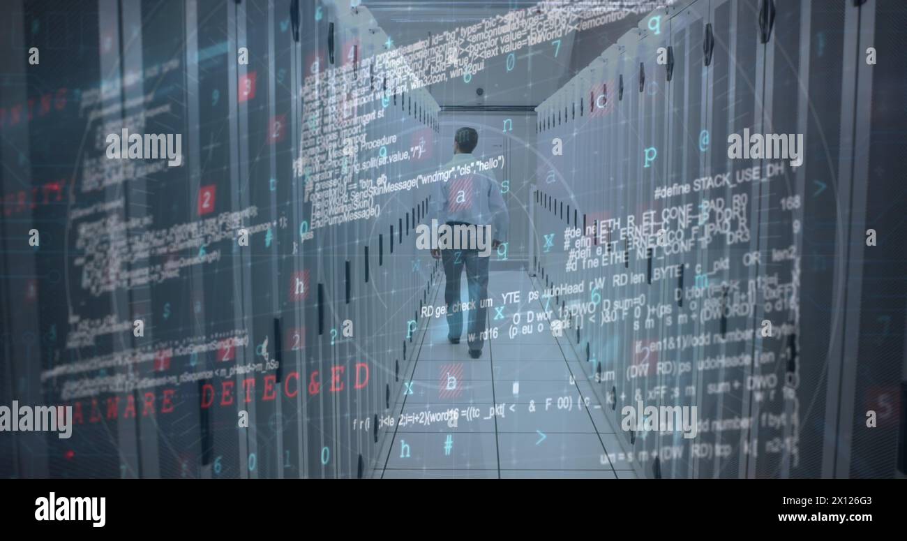 Image of data processing over caucasian man in server room Stock Photo