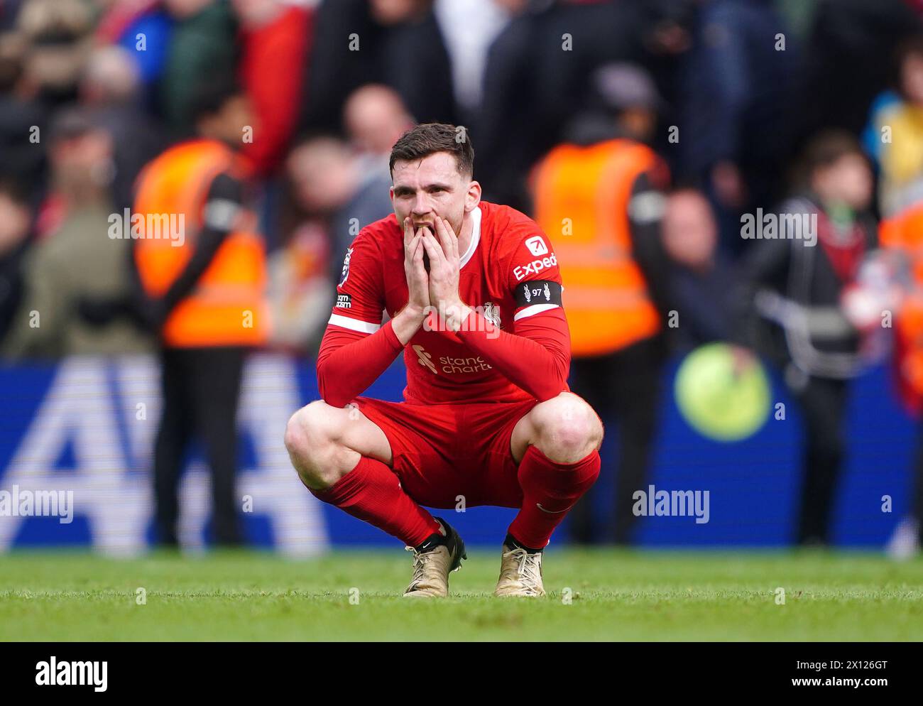 File photo dated 14-04-2024 of Liverpool's Andrew Robertson, who vowed to keep fighting after Liverpool lost more ground in the title race over the weekend. Issue date: Monday April 15, 2024. Stock Photo