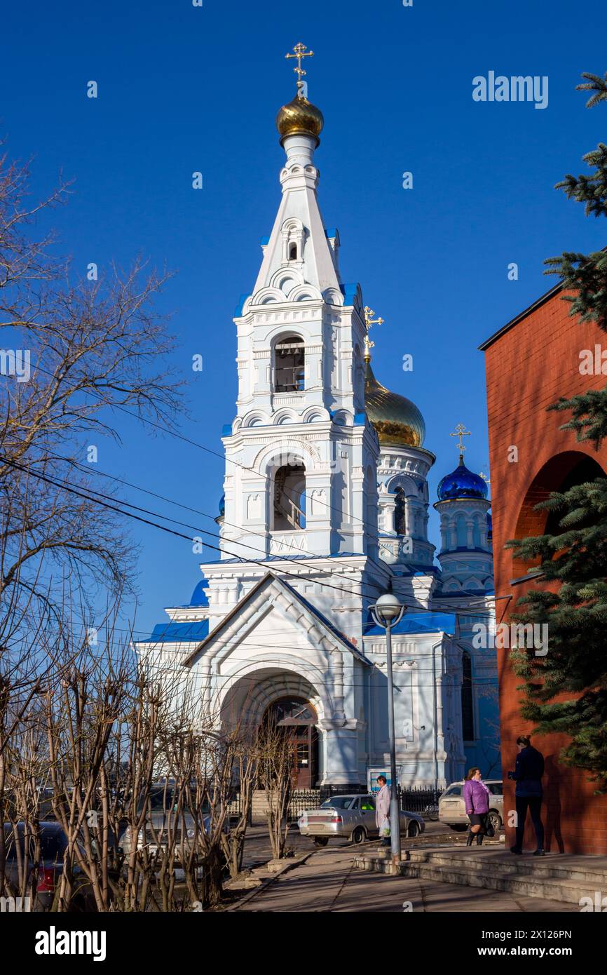 Maloyaroslavets, Russia - April 2018: View of the Cathedral of the Assumption of the Blessed Virgin in Maloyaroslavets, in the springtime, vertically Stock Photo