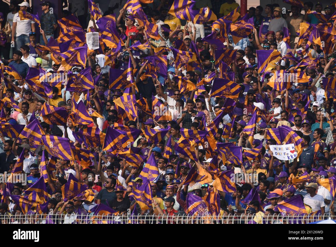 Kolkata, West Bengal, India. 14th Apr, 2024. Kolkata Knight Riders' fans cheer their team onduring the Indian Premier League (IPL) Twenty 20 cricket match between Kolkata Knight Riders and Lucknow Super Giants at the Eden GardensKolkata Knight Riders beat Lucknow Super Giants by 8 wickets (Credit Image: © Dipa Chakraborty/eyepix via ZUMA Press Wire) EDITORIAL USAGE ONLY! Not for Commercial USAGE! Stock Photo