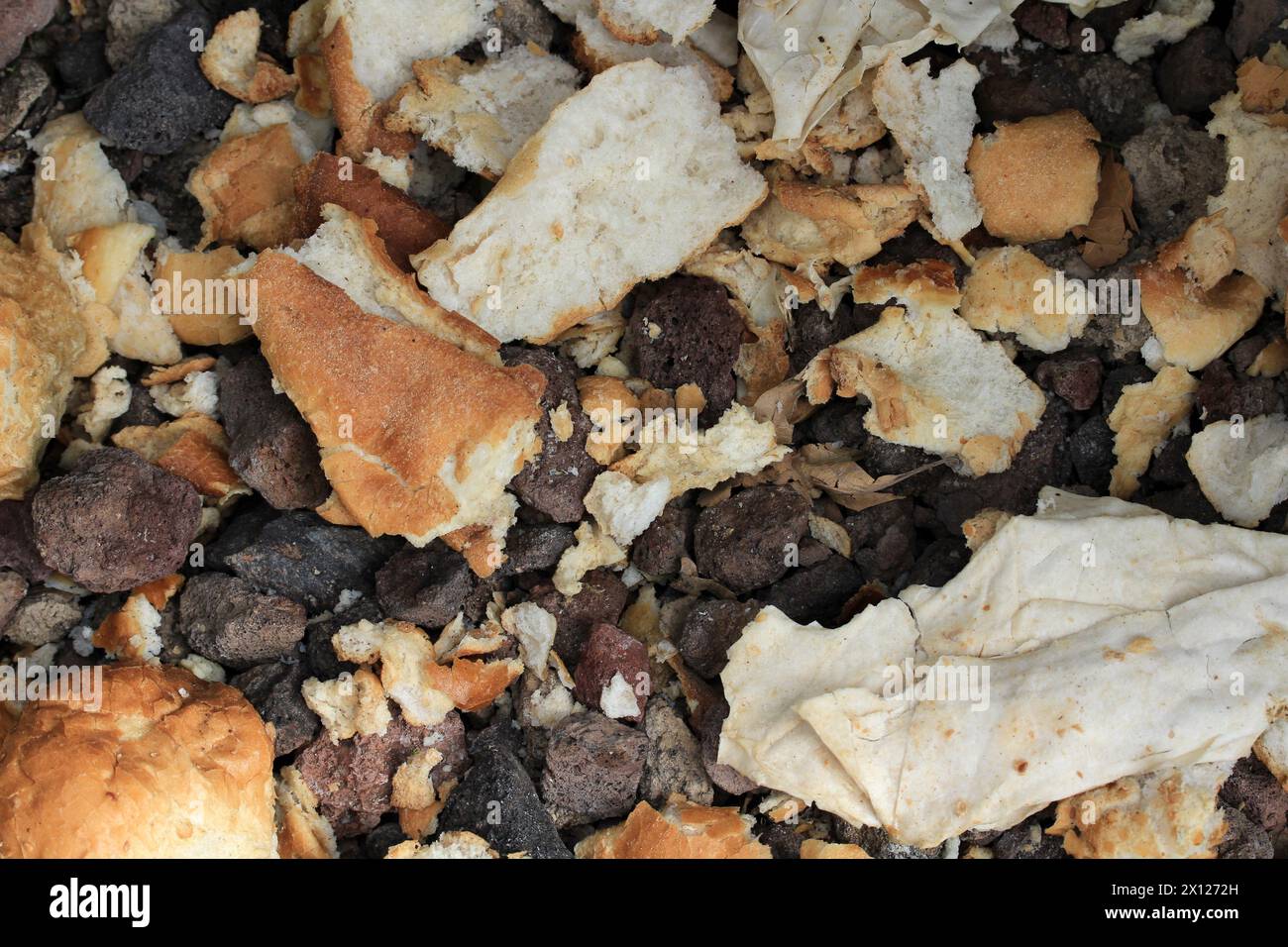 Various bread scraps thrown into the trash. Wasted pieces of bread. Stock Photo