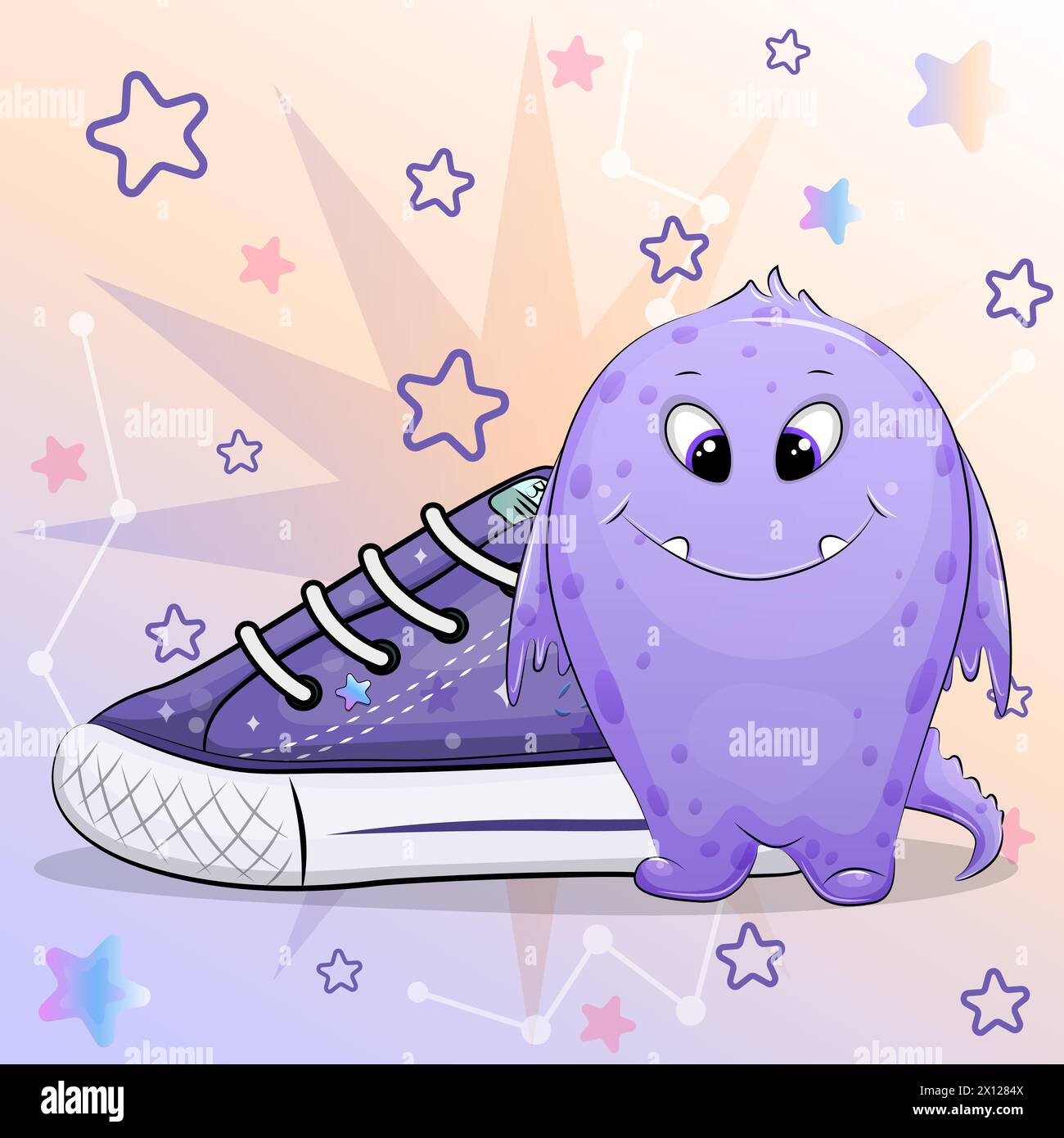 A cute cartoon monster with a sneaker. Vector illustration of an animal on a colorful background with stars. Stock Vector