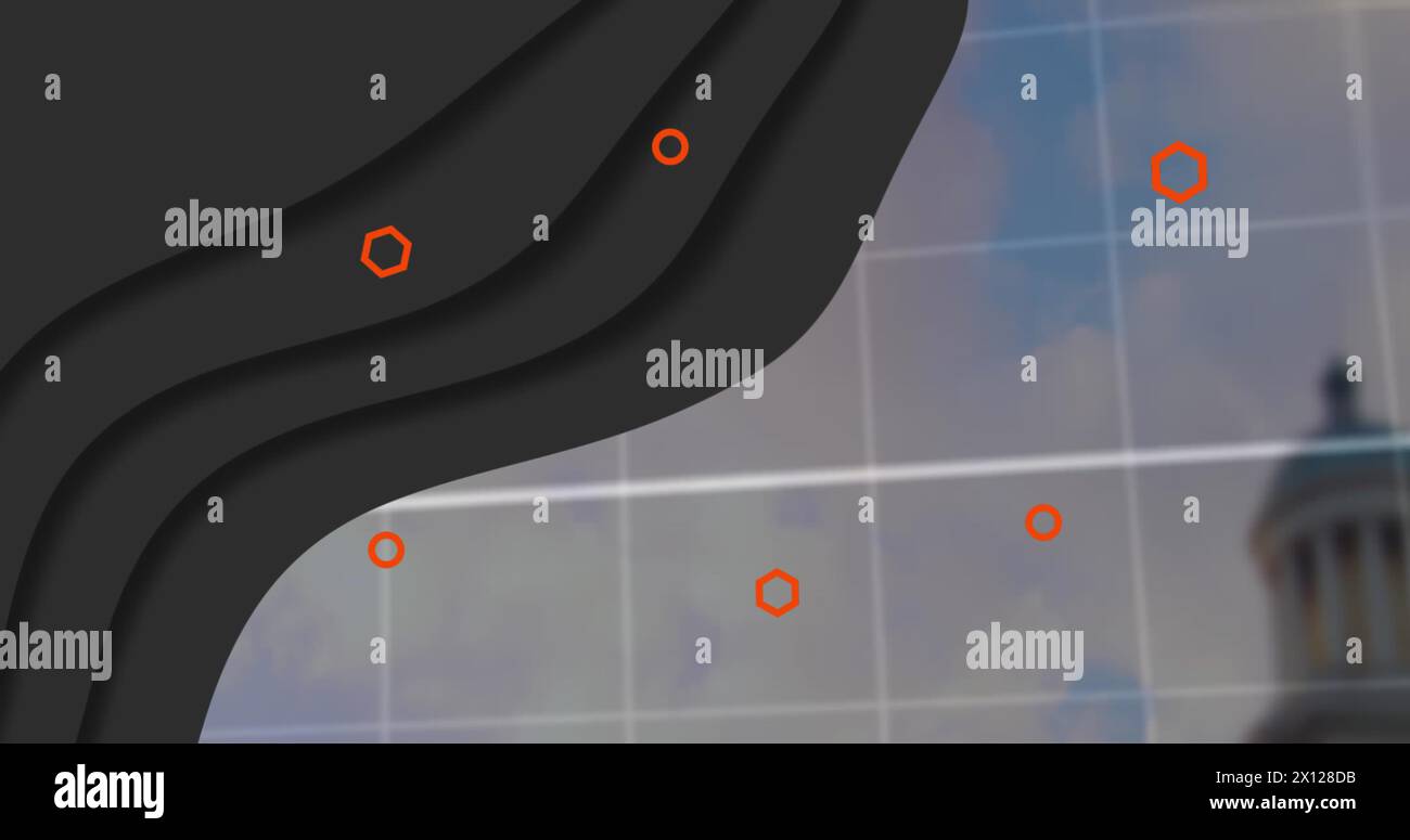 Image of abstract pattern with hexagons, circles and graph over cloudy sky Stock Photo