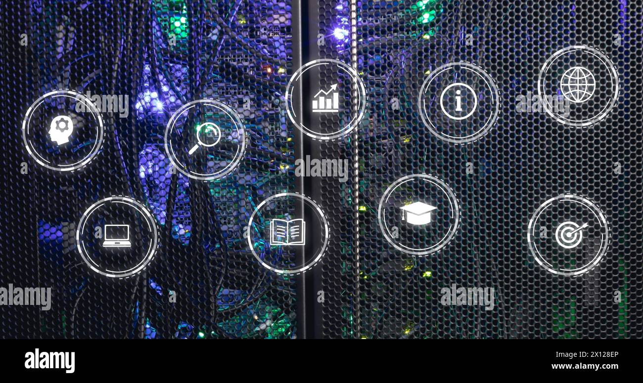 Image of icon in circles over illuminated server rack in server room ...