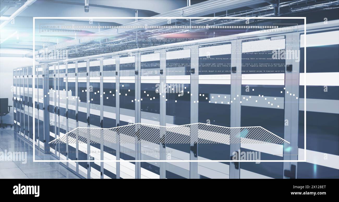 Image of statistical data processing against light trails over computer server room Stock Photo