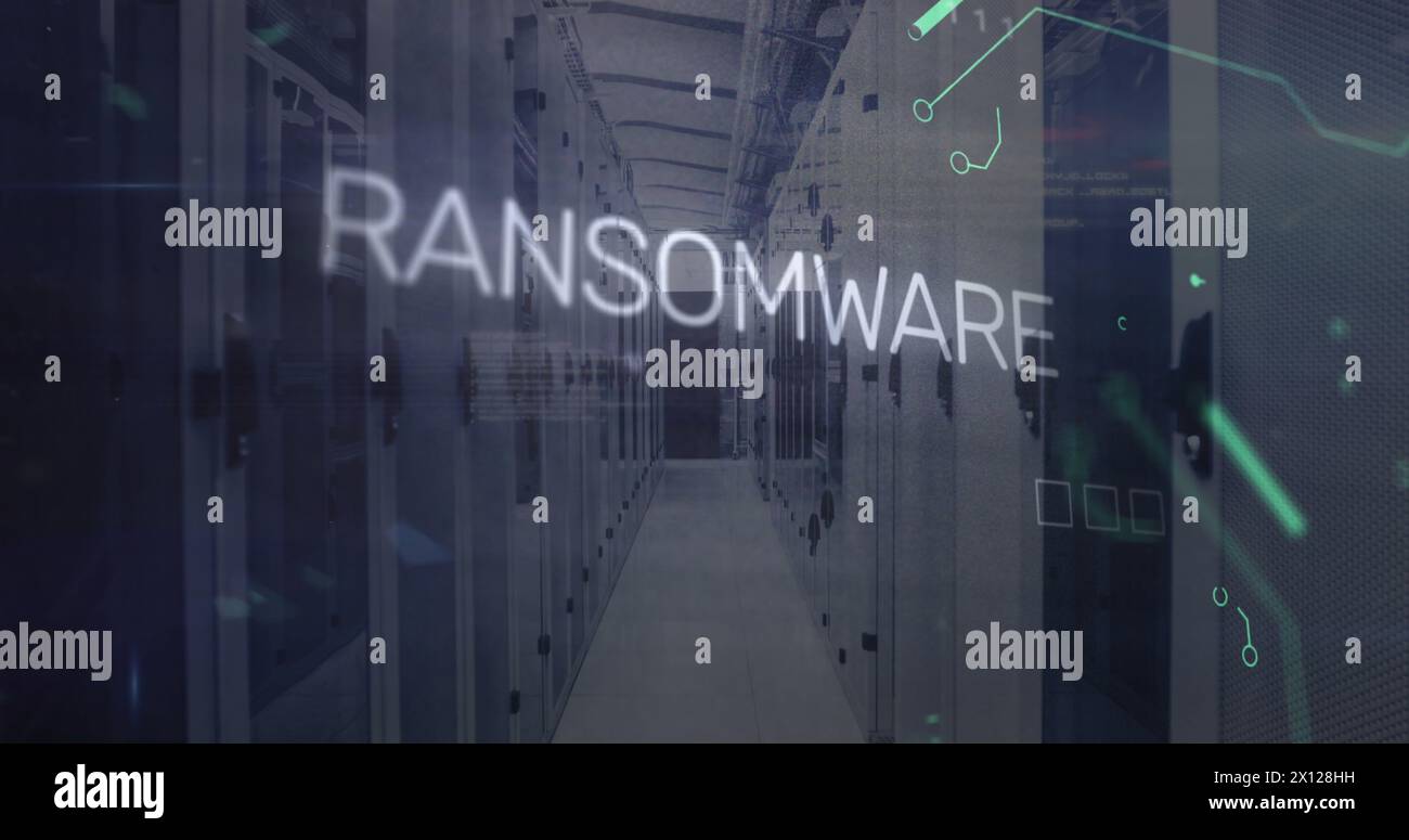 Image of ransomware text, computer language, electronic circuit board pattern over server room Stock Photo