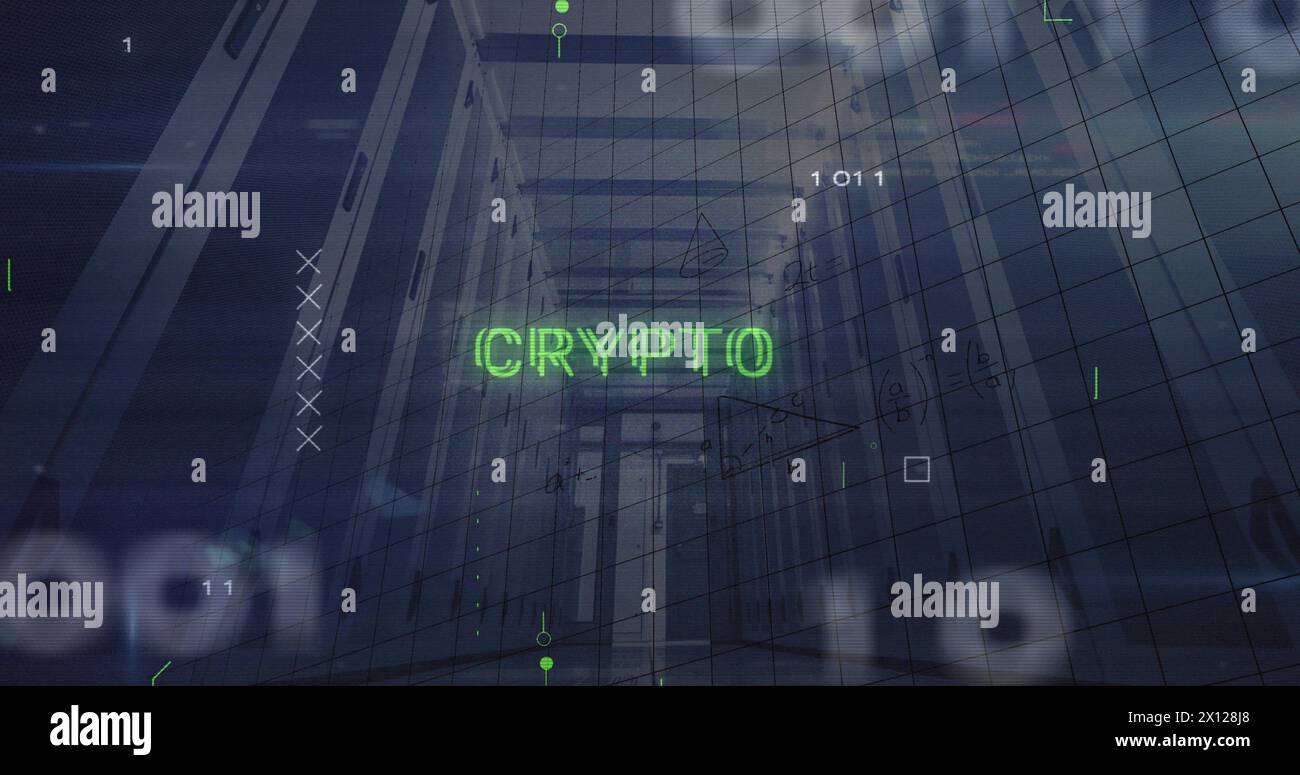 Image of crypto text, binary codes, computer language, mathematical equations over server room Stock Photo
