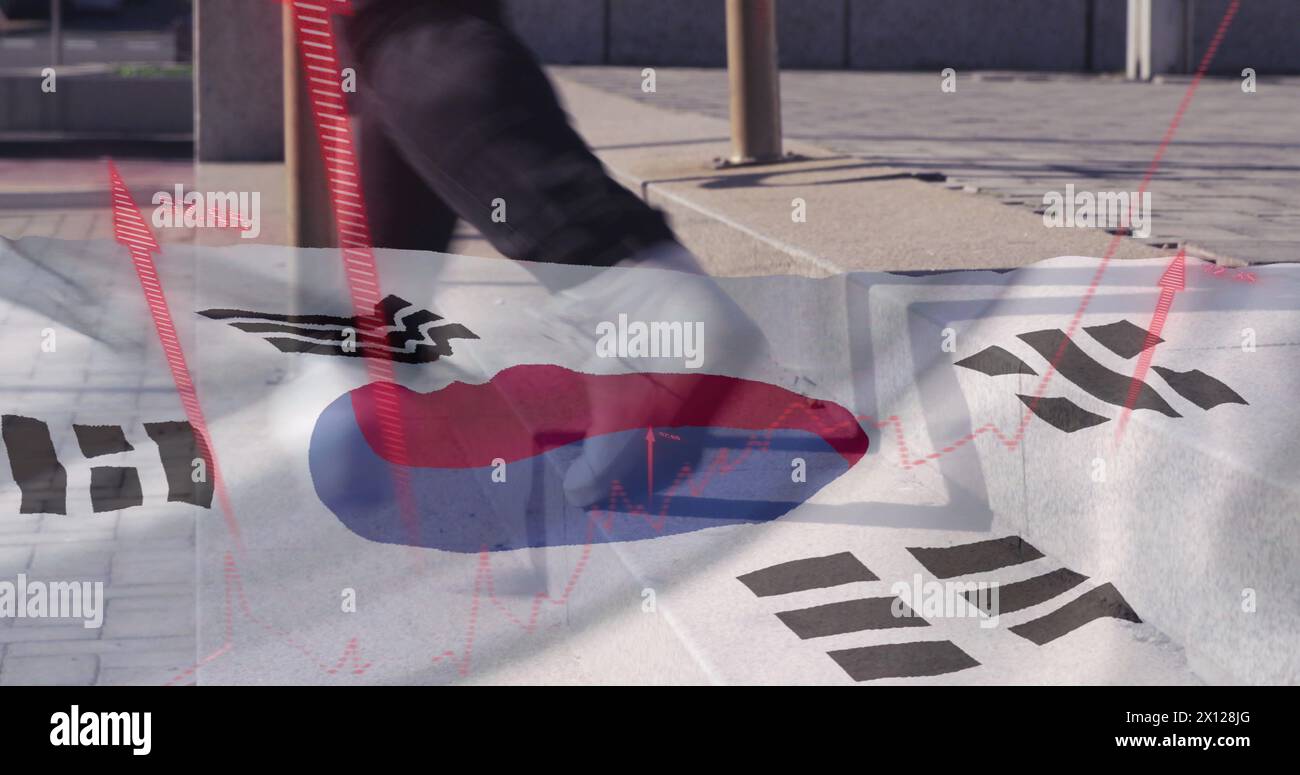 Image of red arrows and flag of south korea over people walking in city Stock Photo