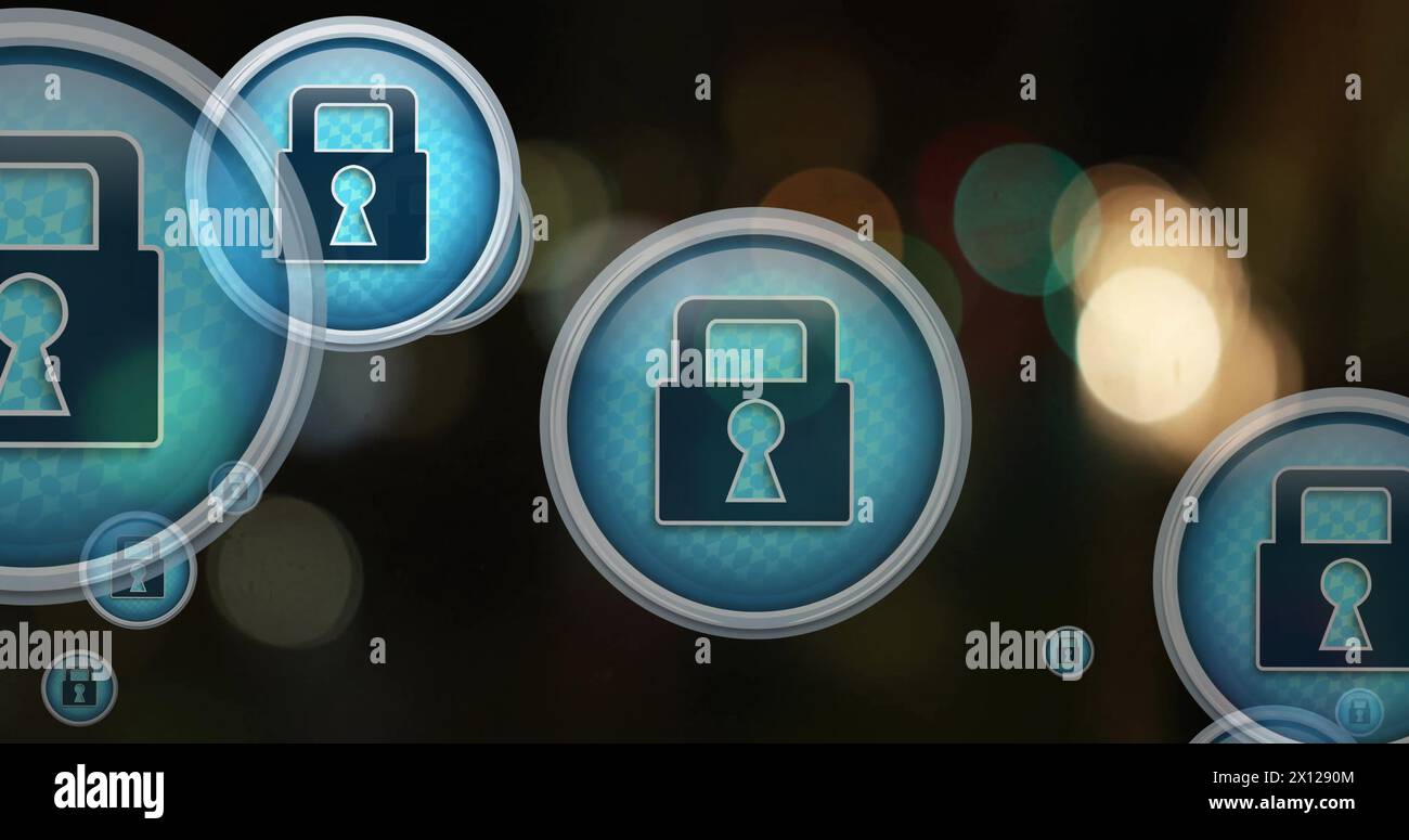 Image of multiple padlock icons over blurred vehicles moving on street ...