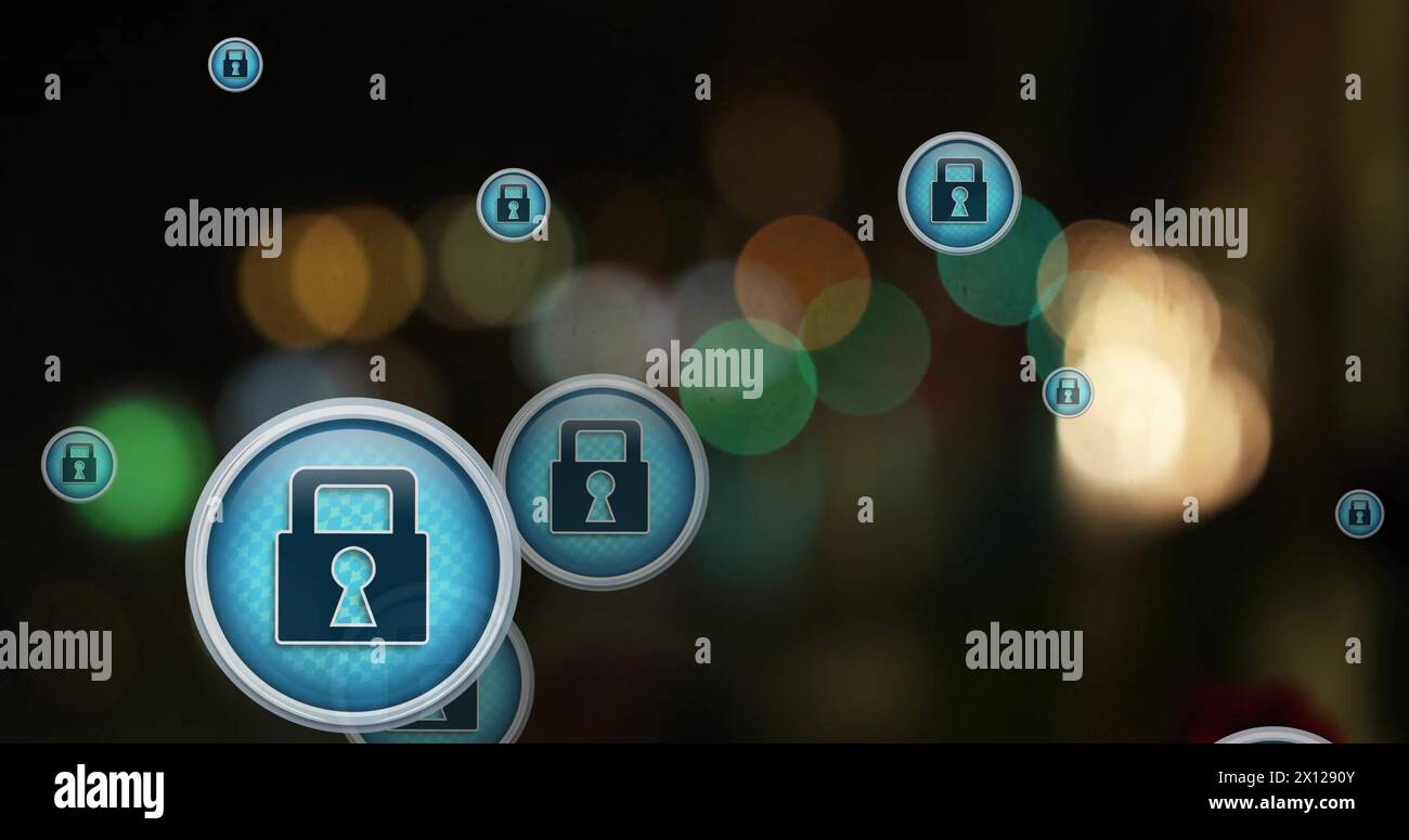 Image of multiple padlock icons over blurred vehicles moving on street in background Stock Photo