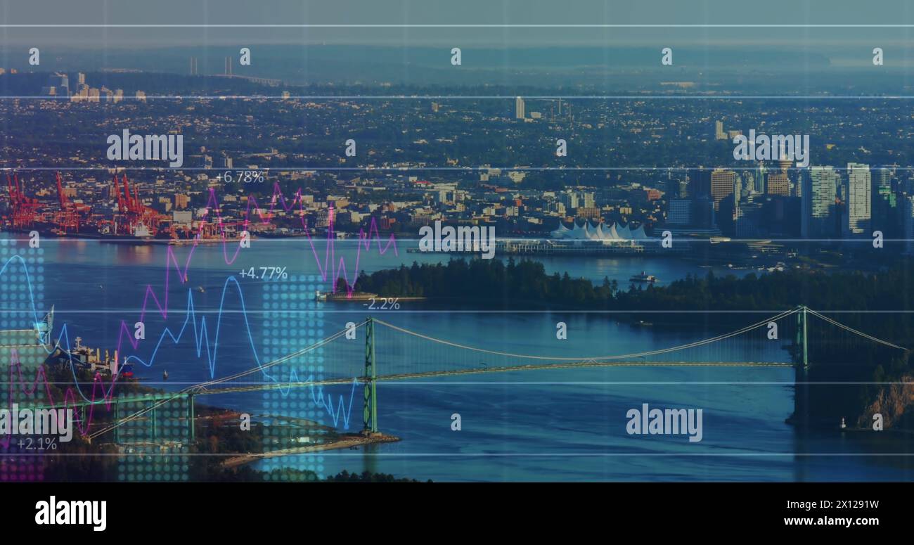 Image of data processing over cityscape Stock Photo