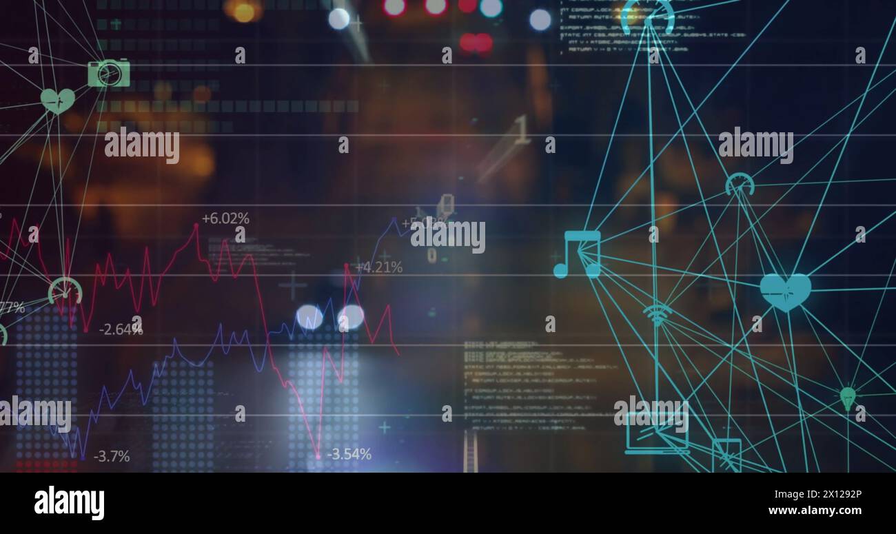 Image of data processing and network of connections with icons over ...