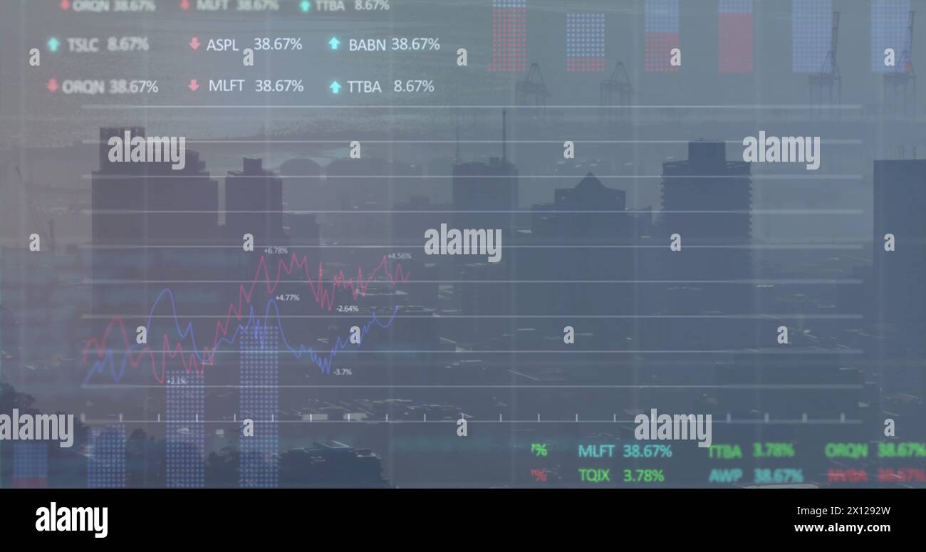 Image of data processing over cityscape Stock Photo