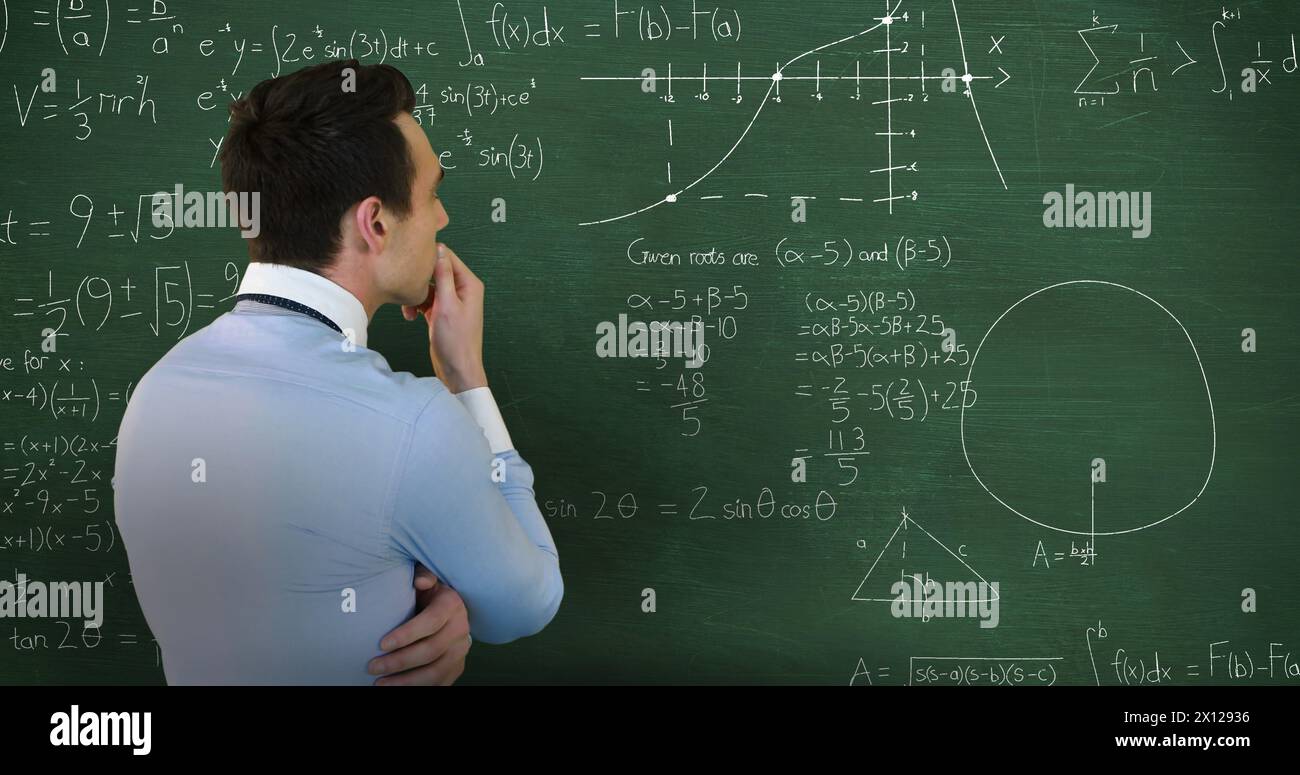 Image of head and shoulders back view of a Caucasian man with hand on chin facing a green chalkboard Stock Photo