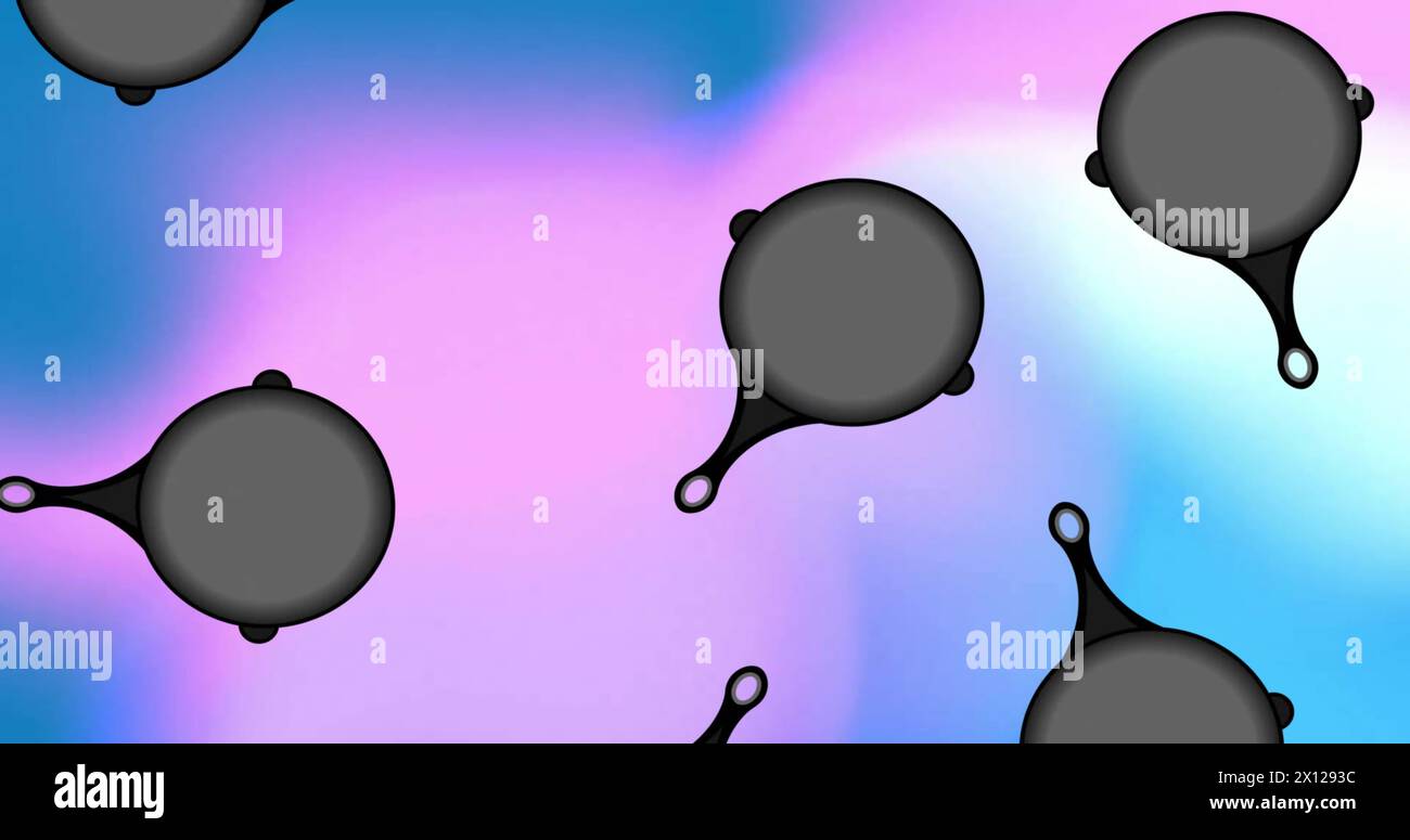 Image of frying pans falling over purple background Stock Photo