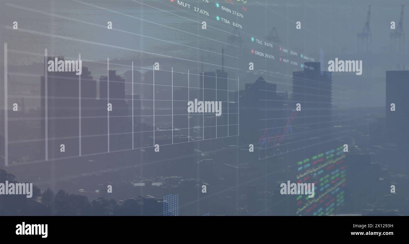 Image of data processing over cityscape Stock Photo