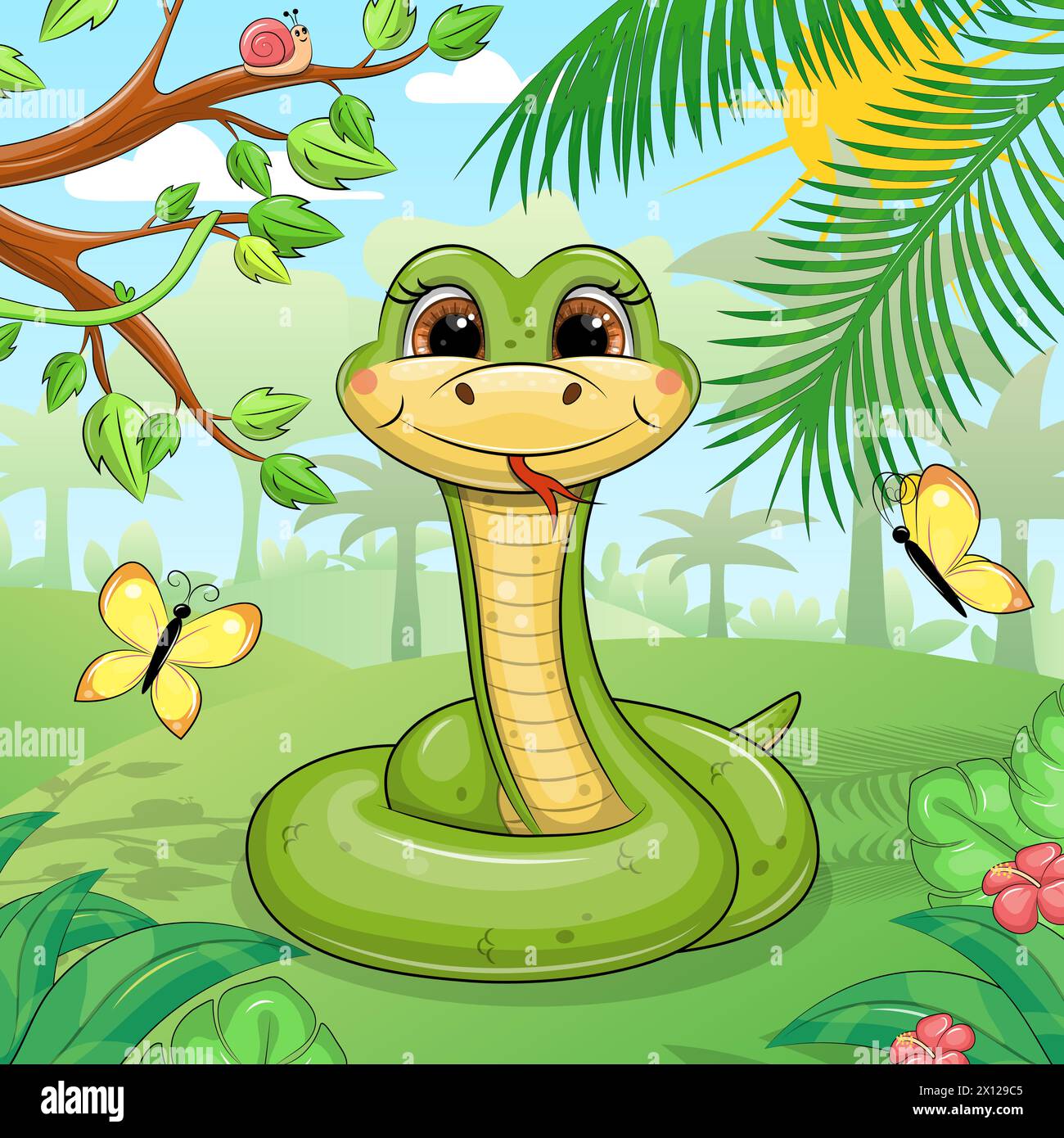 Cute cartoon green snake in nature. Vector illustration of an animal in ...
