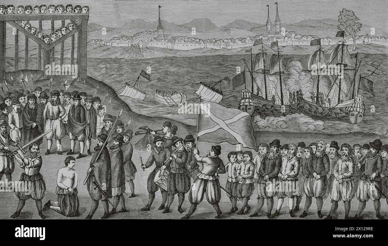 Execution of the pirate Klaus Störtebeker (ca. 1360-1401) and the seventy of his accomplices of the brotherhood of which he was the leader, known as the Victual Brothers, on 20 October 1401 in Hamburg. Engraving based on a popular image from the end of the 16th century. 'Moeurs, usages et costumes au moyen-âge et à l'époque de la Renaissance', by Paul Lacroix. Paris, 1878. Stock Photo