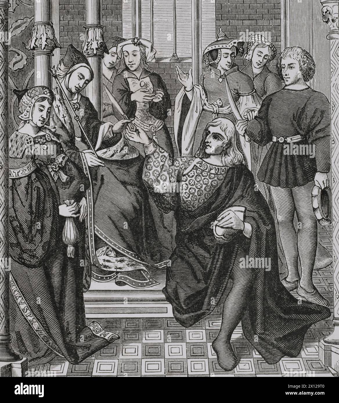 Fredegund (543-597). Queen consort of Neustria. Third wife of King Chilperic I. Queen Fredegund, seated on the throne, orders two young men from Thérouanne to assassinate Sigebert, King of Austrasia. Engraving after a stained glass of the Cathedral Notre Dame of Tournai, 15th century. 'Moeurs, usages et costumes au moyen-âge et à l'époque de la Renaissance', by Paul Lacroix. Paris, 1878. Stock Photo