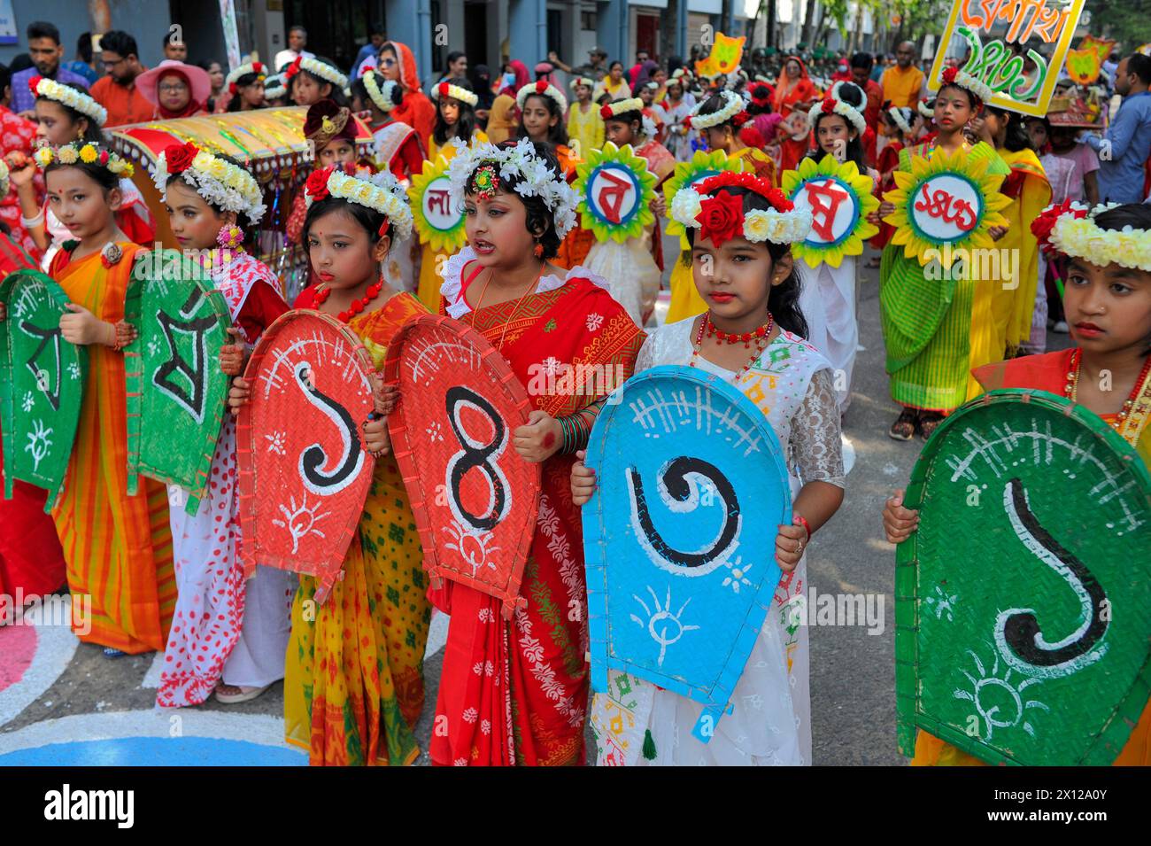 Sylhet, Bangladesh. 14th Apr, 2024. April 14, 2024, Sylhet, Bangladesh: Students performs a dance during the Pathshala, the Bengali New Year 1431 Celebration ceremony in the first light of the dawn of Pahela Baisakh at the premises. Credit: Eyepix Group/Alamy Live News Stock Photo