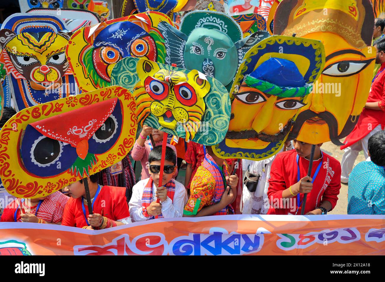 Sylhet, Bangladesh. 14th Apr, 2024. April 14, 2024, Sylhet, Bangladesh: Students performs a dance during the Pathshala, the Bengali New Year 1431 Celebration ceremony in the first light of the dawn of Pahela Baisakh at the premises. Credit: Eyepix Group/Alamy Live News Stock Photo