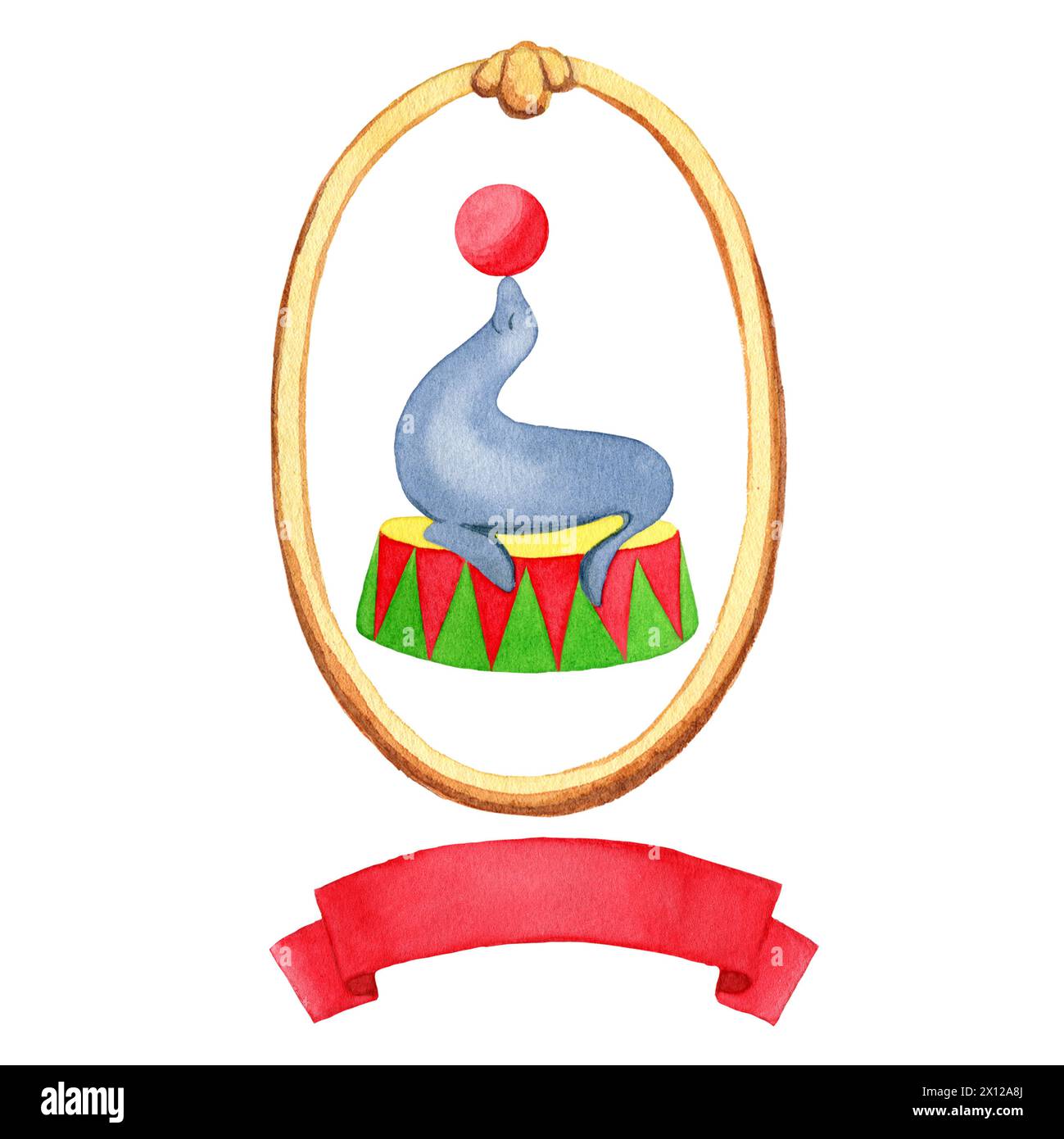 Watercolor frame with seal and red ribbon for text. Hand drawn ...