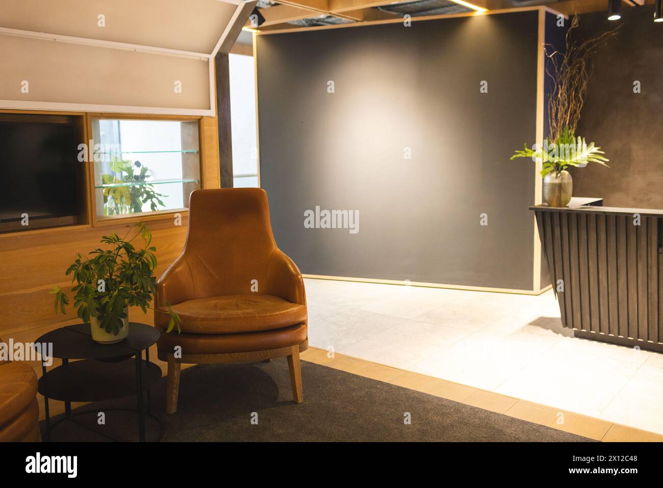 Empty brown armchair sitting next to small table with plants Stock Photo