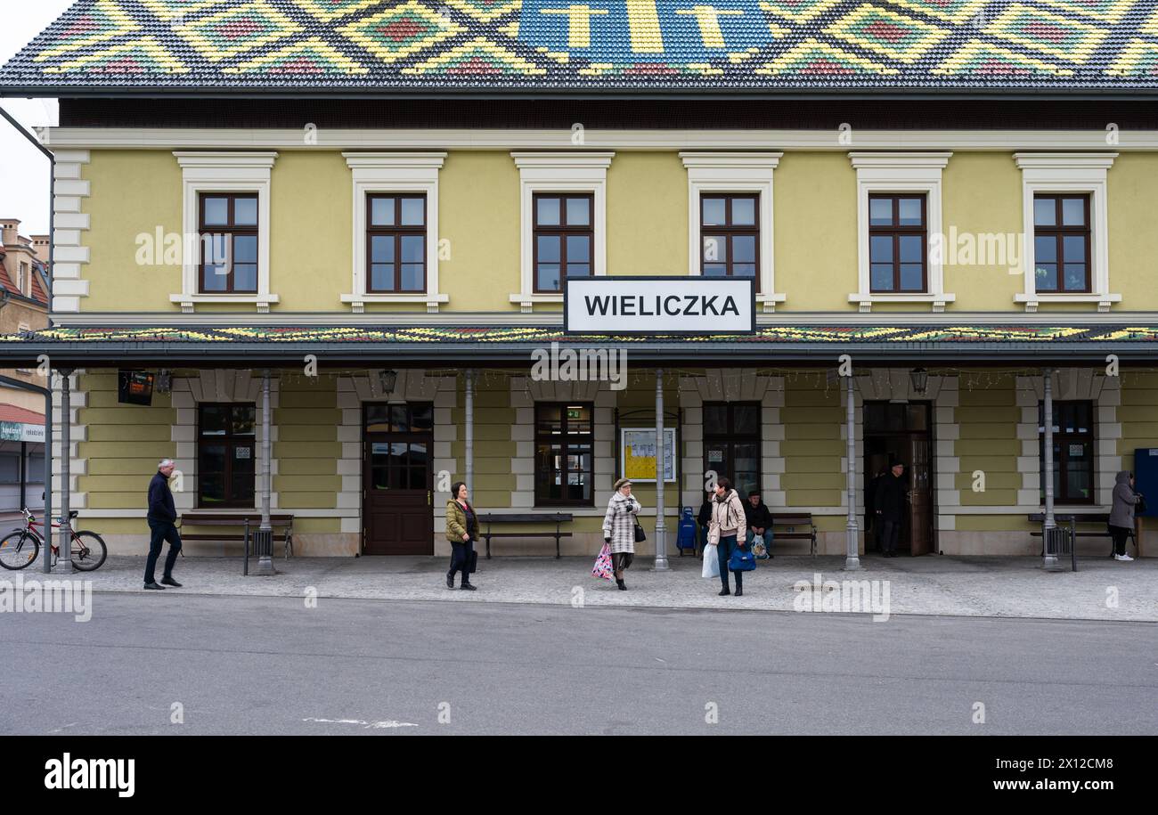 Wieliczka, Poland, March 23, 2024 - Facade of the Wieliczka railway station Stock Photo