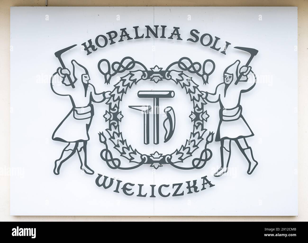 Wieliczka, Poland, March 23, 2024 - Sign and emblem of the Wieliczka salt mine Stock Photo