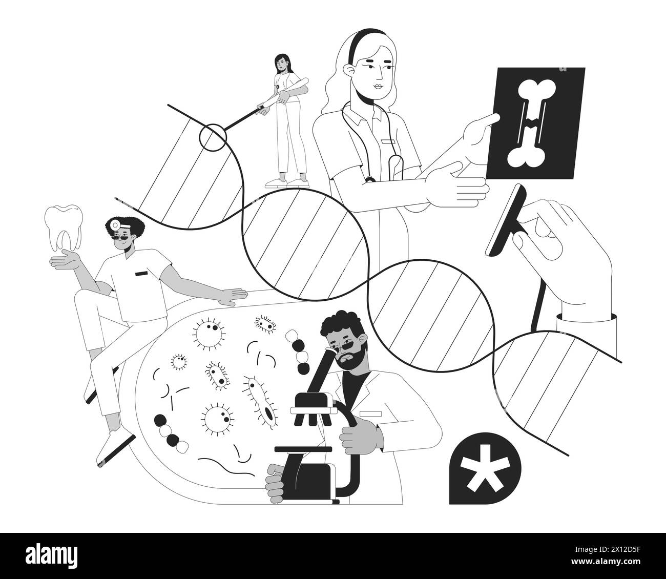 Medical care services black and white 2D illustration concept Stock