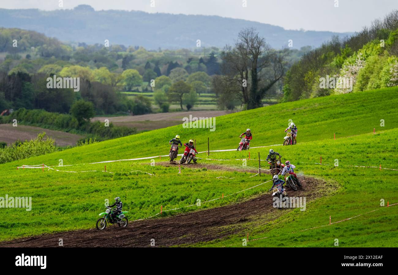 Action from the Three Counties Spring Vintage Scramble at Hill End in Worcestershire. Picture date: Sunday April 14, 2024. Stock Photo