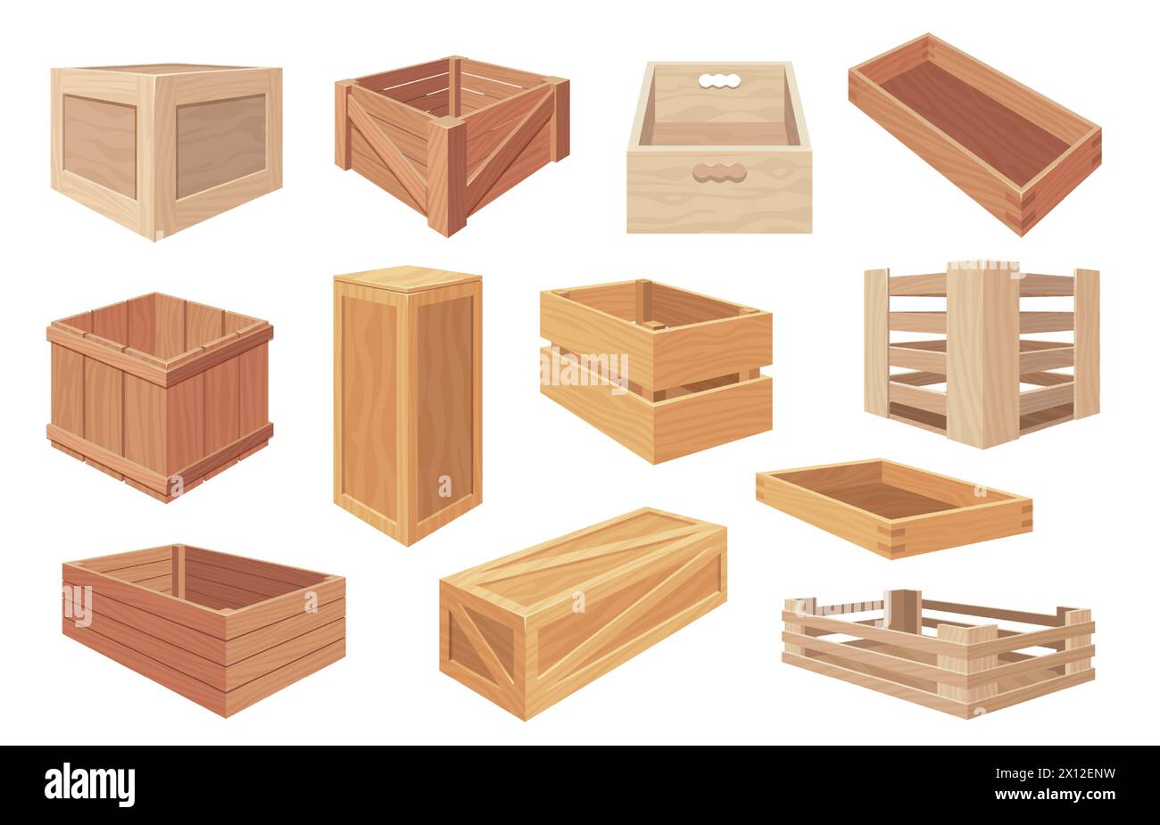 Wooden boxes. Cartoon wooden crates and packages, closed and open ...