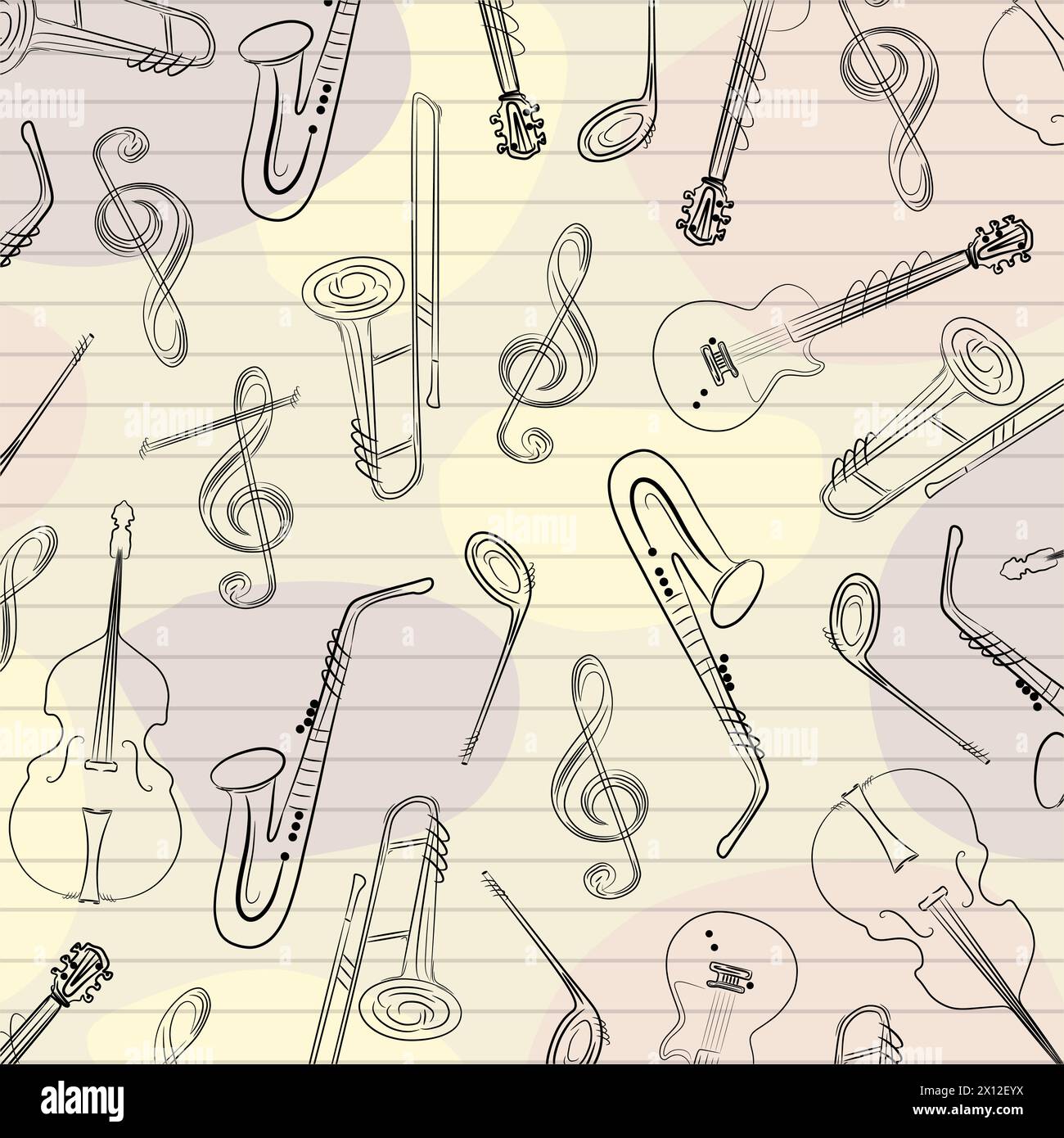 Music instruments elements sax trombone guitar notes bass doodle cartoon line art design abstract. Stock Vector