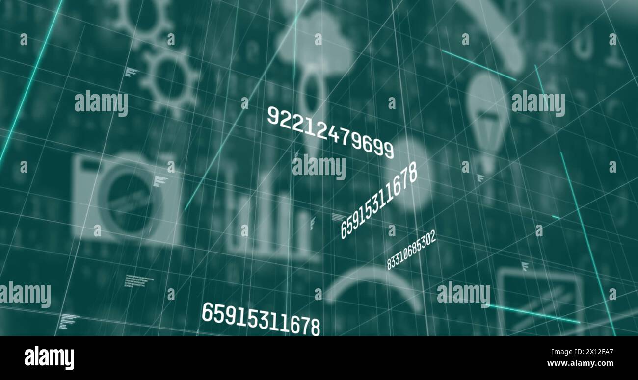 Multiple changing numbers and data processing against multiple digital icons on green background Stock Photo