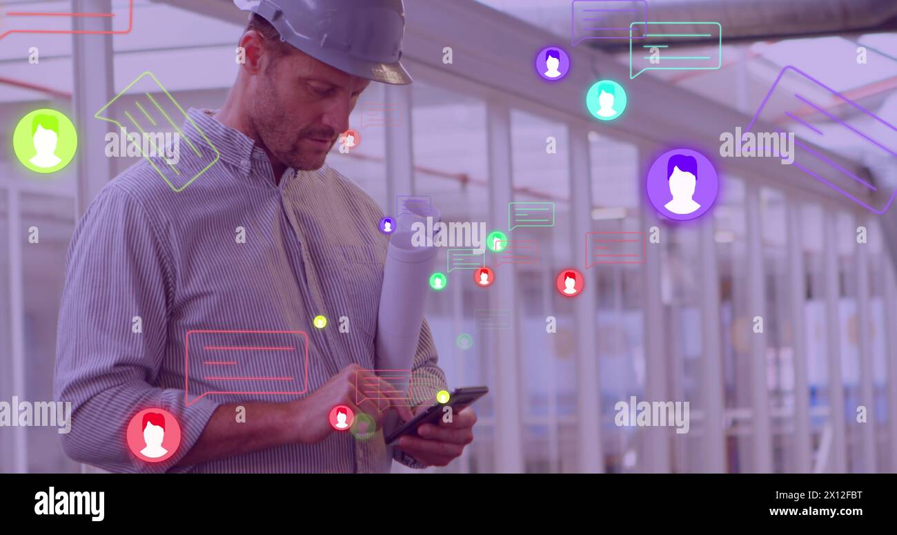 Image of media icons over caucasian male worker using smartphone Stock ...