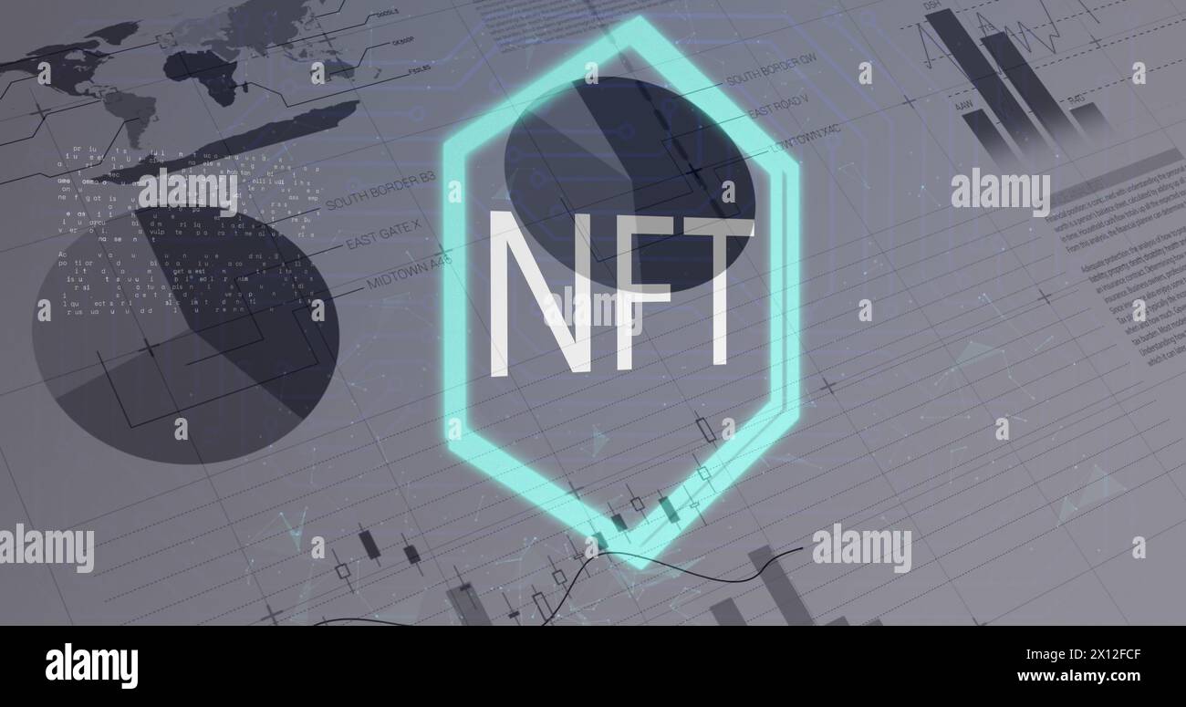 Image of nft text over financial data processing on white background Stock Photo